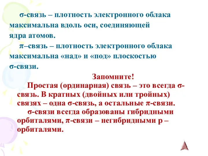 σ-связь – плотность электронного облака максимальна вдоль оси, соединяющей ядра атомов.