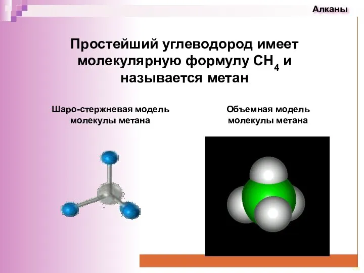 Простейший углеводород имеет молекулярную формулу СН4 и называется метан Объемная модель