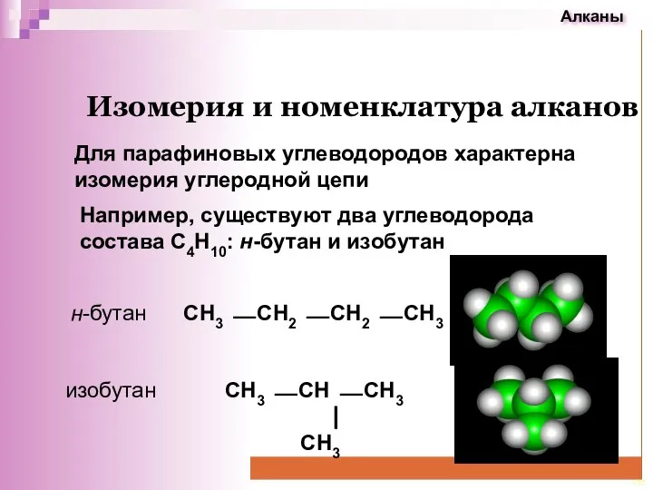 Изомерия и номенклатура алканов Для парафиновых углеводородов характерна изомерия углеродной цепи
