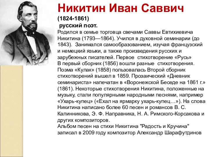 Никитин Иван Саввич (1824-1861) русский поэт. Родился в семье торговца свечами