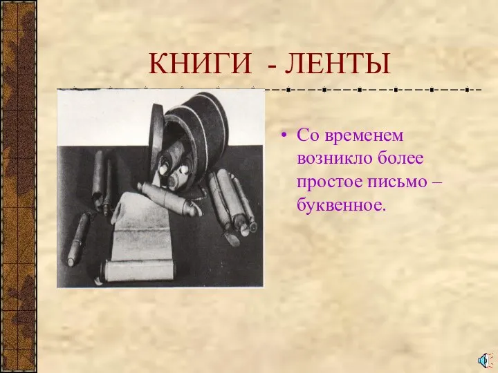 КНИГИ - ЛЕНТЫ Со временем возникло более простое письмо – буквенное.