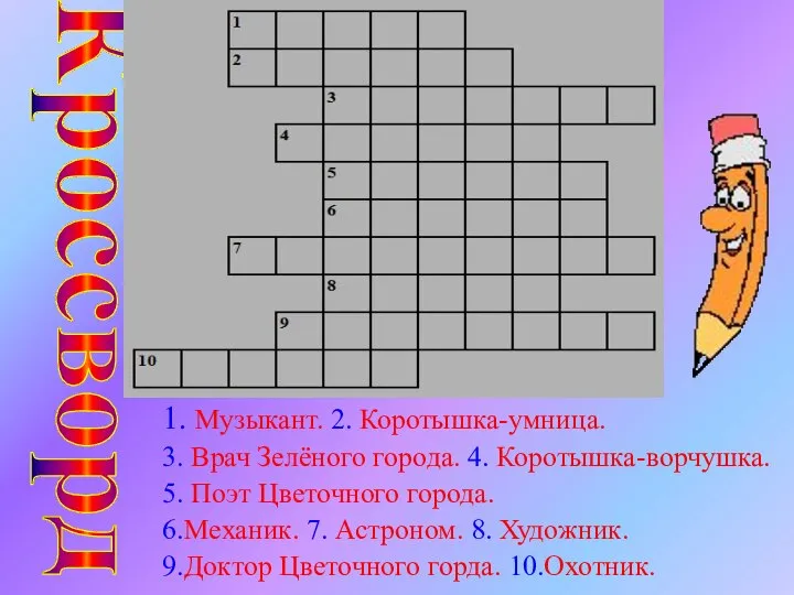 Кроссворд 1. Музыкант. 2. Коротышка-умница. 3. Врач Зелёного города. 4. Коротышка-ворчушка.