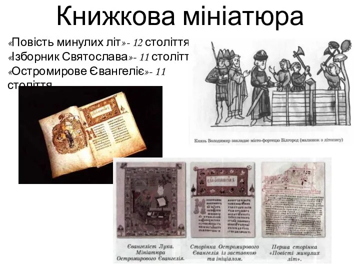 Книжкова мініатюра «Повість минулих літ»- 12 століття «Ізборник Святослава»- 11 століття «Остромирове Євангеліє»- 11 століття