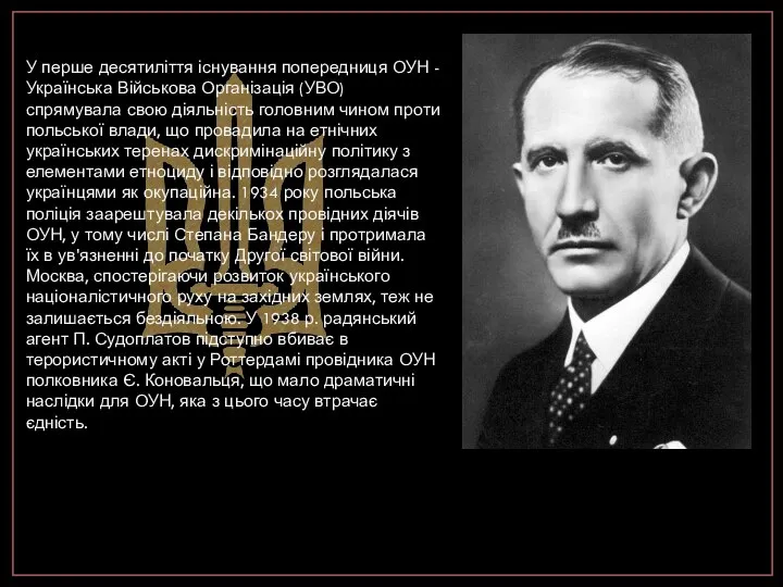У перше десятиліття існування попередниця ОУН - Українська Військова Організація (УВО)