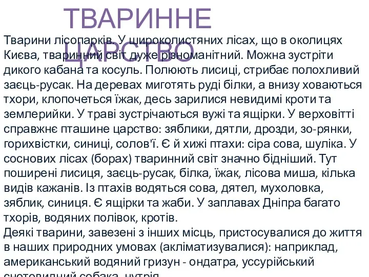 ТВАРИННЕ ЦАРСТВО Тварини лісопарків. У широколистяних лісах, що в околицях Києва,