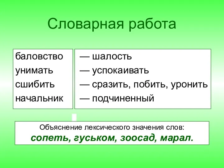 Словарная работа баловство унимать сшибить начальник — шалость — успокаивать —