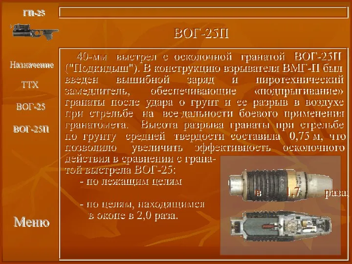 Меню ГП-25 ВОГ-25П 40-мм выстрел с осколочной гранатой ВОГ-25П ("Подкидыш"). В