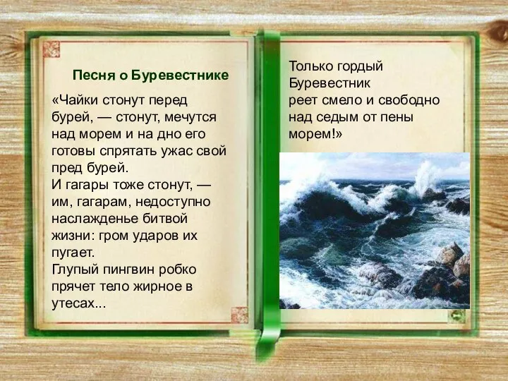 Песня о Буревестнике «Чайки стонут перед бурей, — стонут, мечутся над