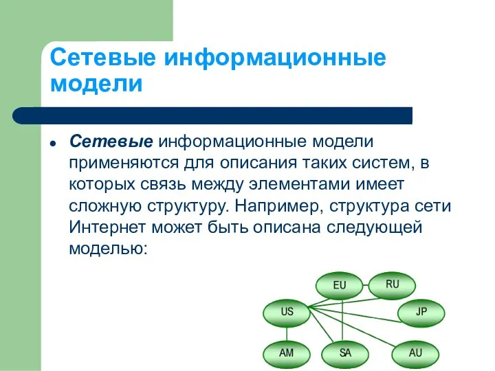 Сетевые информационные модели Сетевые информационные модели применяются для описания таких систем,