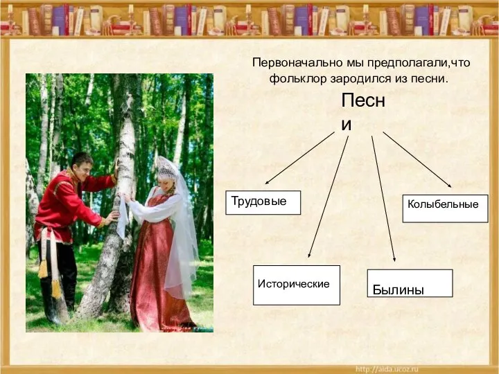 Первоначально мы предполагали,что фольклор зародился из песни. Колыбельные Трудовые Исторические Былины Песни