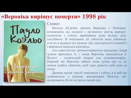 «Вероніка вирішує померти» 1998 рік Сюжет Молода 24-річна дівчина Вероніка з