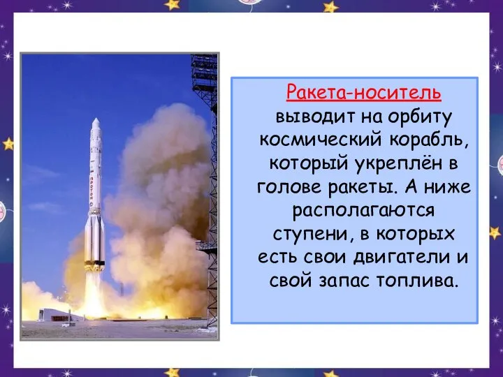 Ракета-носитель выводит на орбиту космический корабль, который укреплён в голове ракеты.