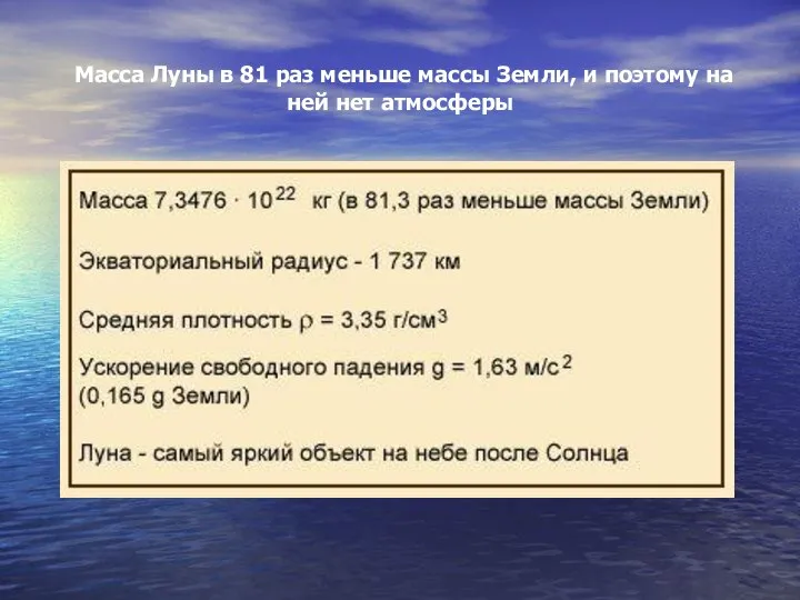 Масса Луны в 81 раз меньше массы Земли, и поэтому на ней нет атмосферы