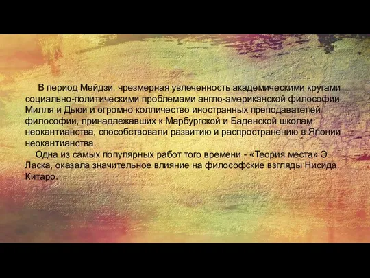 В период Мейдзи, чрезмерная увлеченность академическими кругами социально-политическими проблемами англо-американской философии