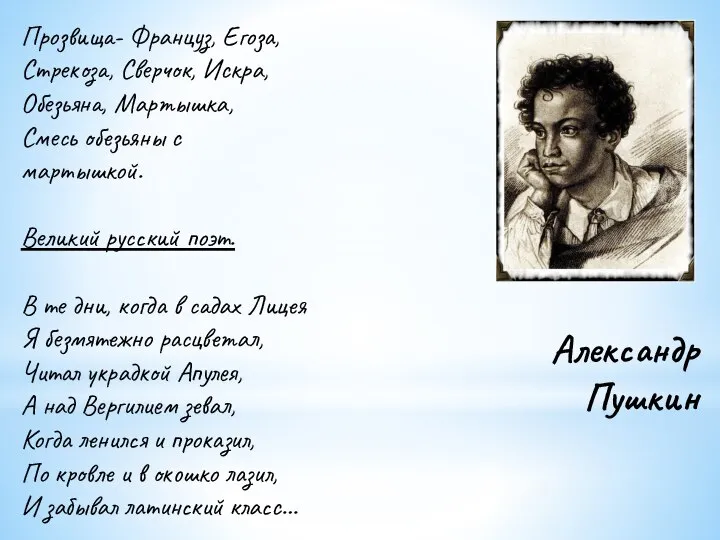 Александр Пушкин Прозвища- Француз, Егоза, Стрекоза, Сверчок, Искра, Обезьяна, Мартышка, Смесь