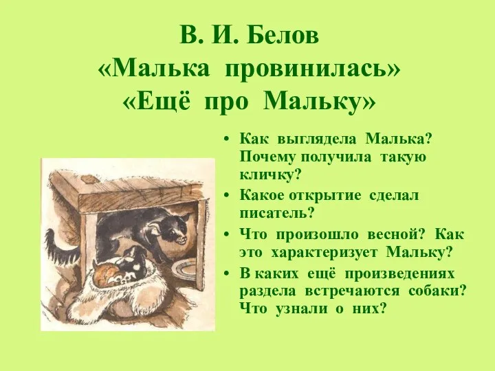 В. И. Белов «Малька провинилась» «Ещё про Мальку» Как выглядела Малька?