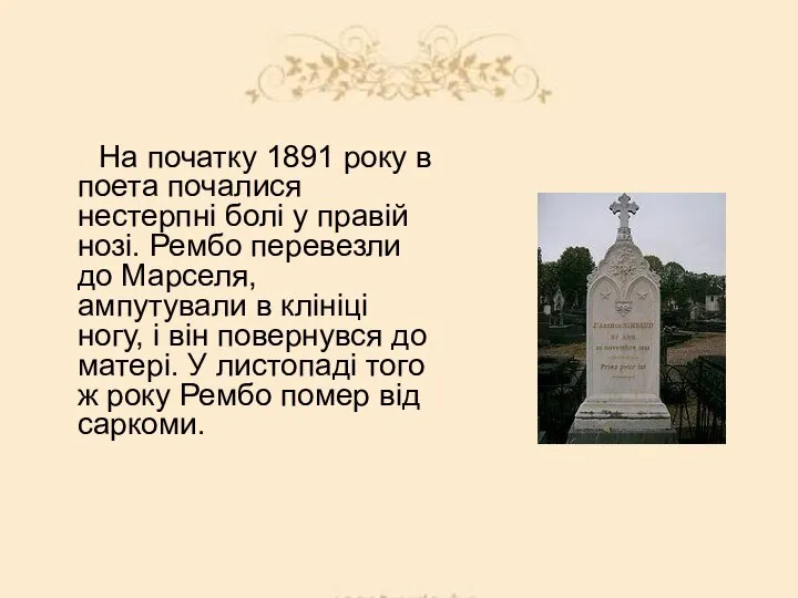 На початку 1891 року в поета почалися нестерпні болі у правій