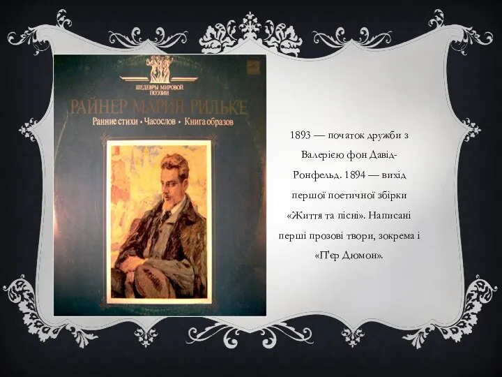 1893 — початок дружби з Валерією фон Давід-Ронфельд. 1894 — вихід