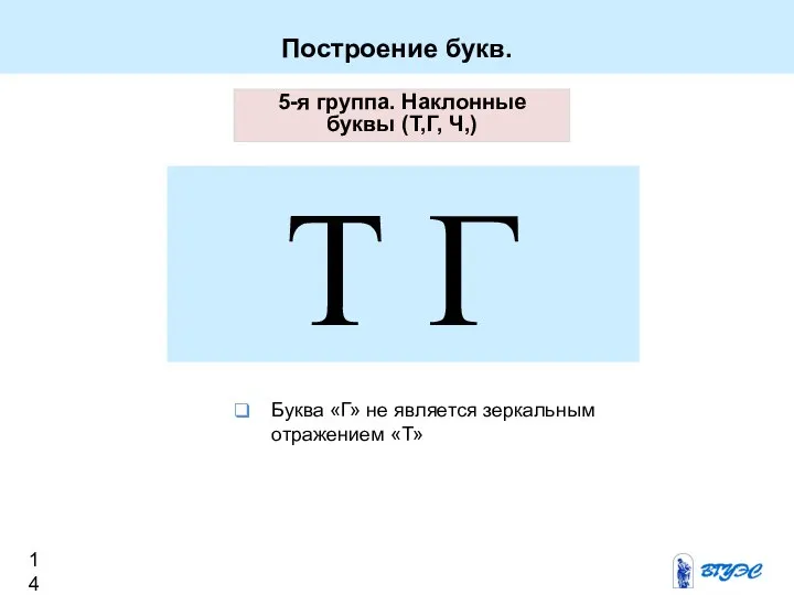 Построение букв. 5-я группа. Наклонные буквы (Т,Г, Ч,) Т Г Буква