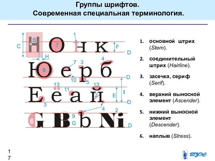 oсновной штрих (Stem). соединительный штрих (Hairline). засечка, сериф (Serif). верхний выносной