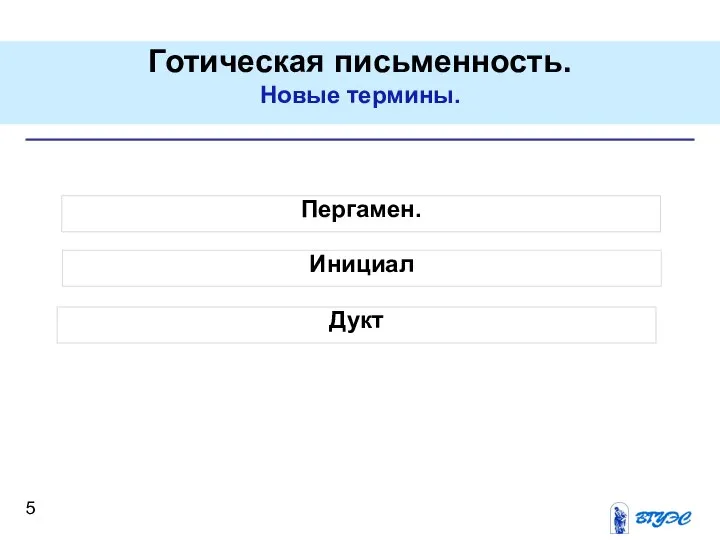 Пергамен. Готическая письменность. Новые термины. Инициал Дукт