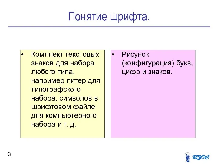 Понятие шрифта. Комплект текстовых знаков для набора любого типа, например литер