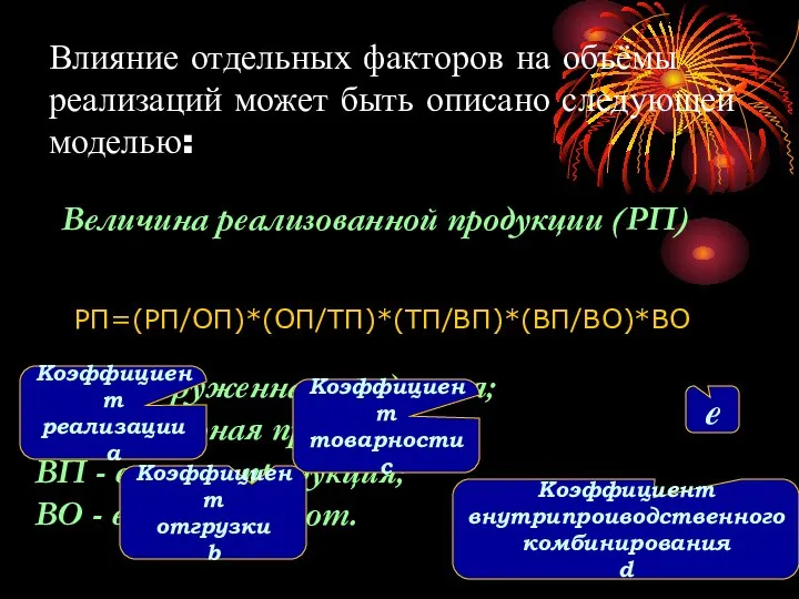 Влияние отдельных факторов на объёмы реализаций может быть описано следующей моделью: