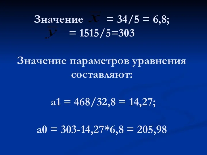 Значение = 34/5 = 6,8; = 1515/5=303 Значение параметров уравнения составляют: