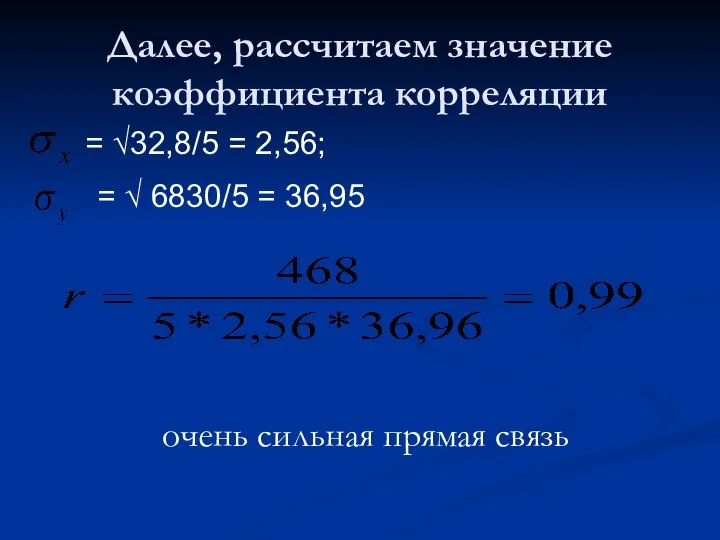 Далее, рассчитаем значение коэффициента корреляции = √32,8/5 = 2,56; = √