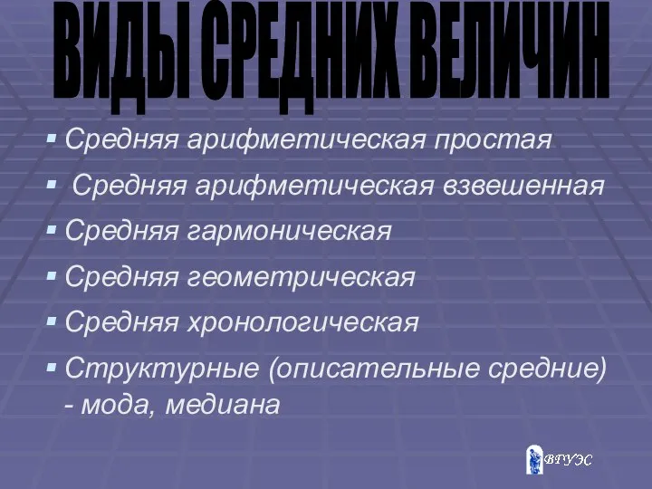 Средняя арифметическая простая Средняя арифметическая взвешенная Средняя гармоническая Средняя геометрическая Средняя