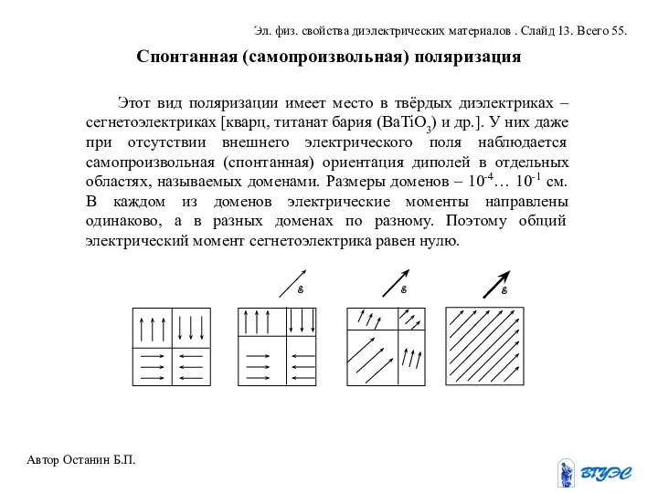 Спонтанная (самопроизвольная) поляризация Этот вид поляризации имеет место в твёрдых диэлектриках