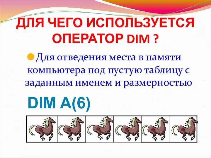 ДЛЯ ЧЕГО ИСПОЛЬЗУЕТСЯ ОПЕРАТОР DIM ? Для отведения места в памяти