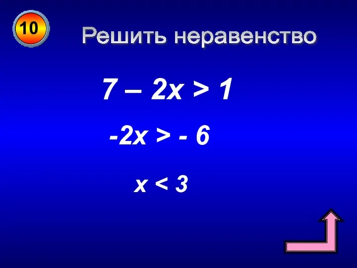 10 Решить неравенство 7 – 2х > 1 -2х > - 6 х