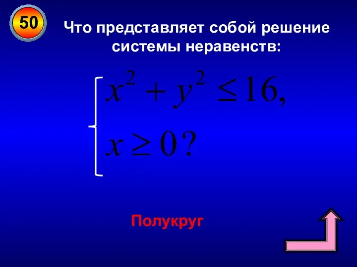 50 Что представляет собой решение системы неравенств: Полукруг