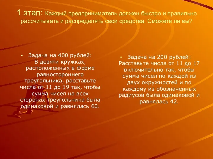 1 этап: Каждый предприниматель должен быстро и правильно рассчитывать и распределять