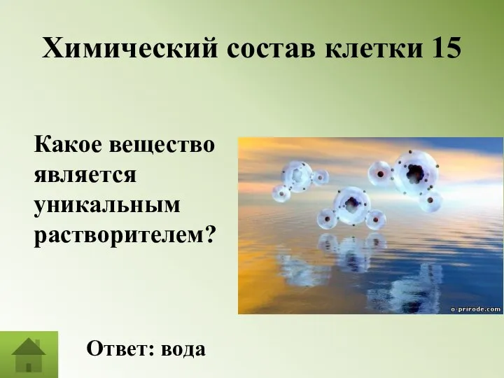 Химический состав клетки 15 Какое вещество является уникальным растворителем? Ответ: вода