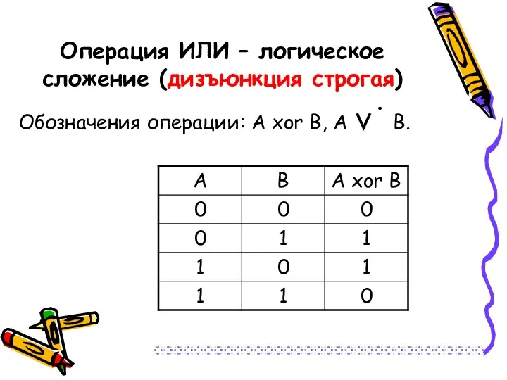 Операция ИЛИ – логическое сложение (дизъюнкция строгая) Обозначения операции: А xor В, А ∨· В.