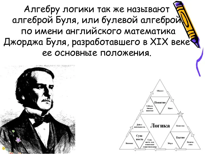 Алгебру логики так же называют алгеброй Буля, или булевой алгеброй, по