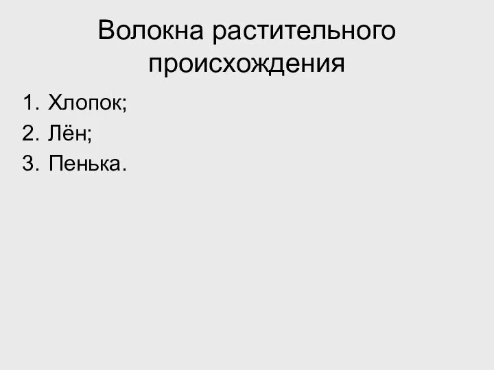 Волокна растительного происхождения Хлопок; Лён; Пенька.