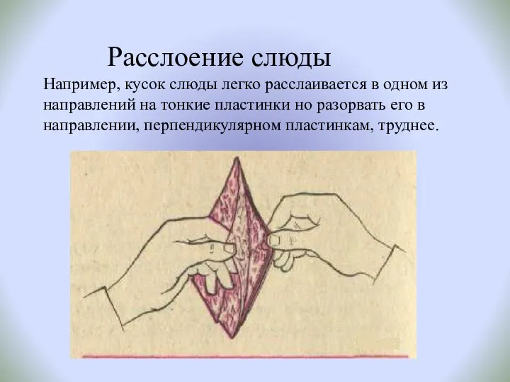 Расслоение слюды Например, кусок слюды легко расслаивается в одном из направлений