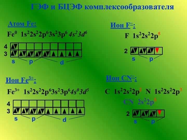 ГЭФ и БЦЭФ комплексообразователя Атом Fe: Fe0 1s22s22p63s23p6 4s23d6 Fe3+ 1s22s22p63s23p64s03d5