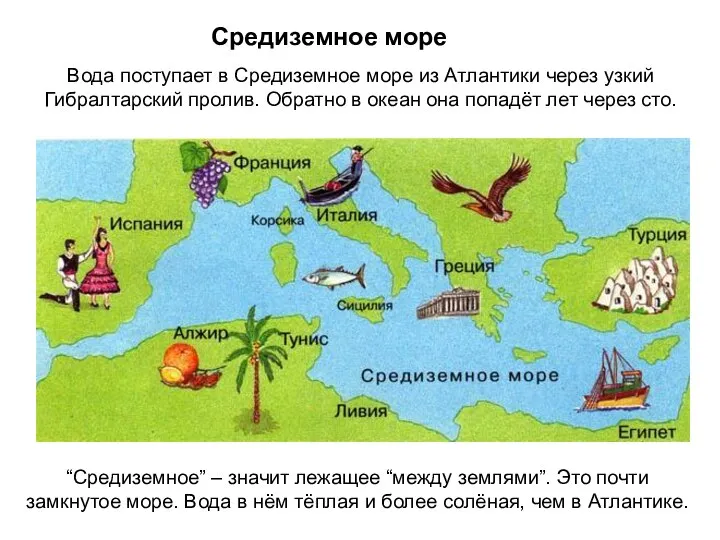 Средиземное море Вода поступает в Средиземное море из Атлантики через узкий