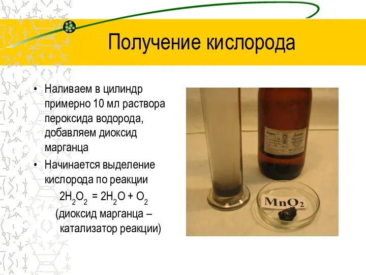 Получение кислорода Наливаем в цилиндр примерно 10 мл раствора пероксида водорода,