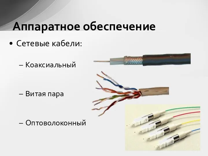 Сетевые кабели: Коаксиальный Витая пара Оптоволоконный Аппаратное обеспечение