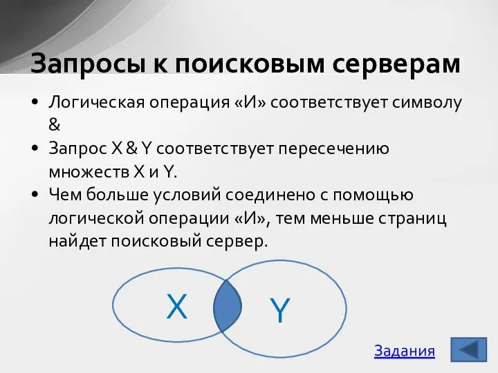 Логическая операция «И» соответствует символу & Запрос X & Y соответствует