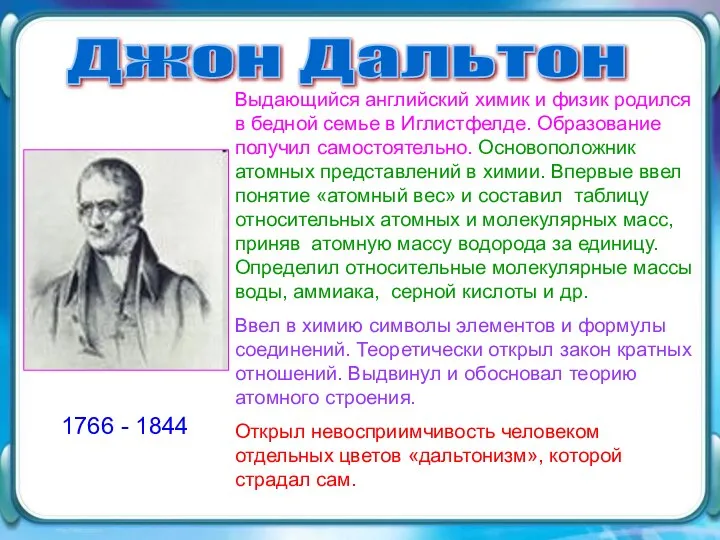 Джон Дальтон 1766 - 1844 Выдающийся английский химик и физик родился