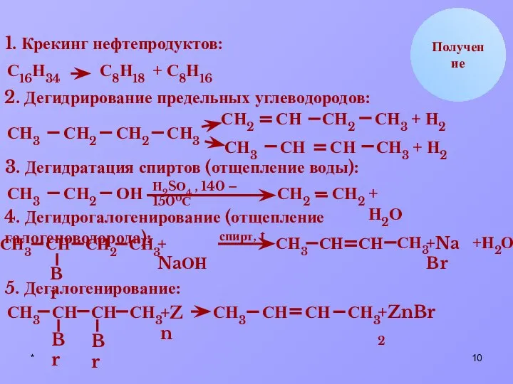 * Br СН2 Получение 1. Крекинг нефтепродуктов: С16Н34 С8Н18 + С8Н16