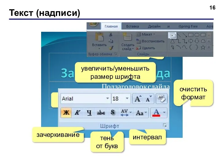 Текст (надписи) ЛКМ ЛКМ зачеркивание тень от букв интервал очистить формат увеличить/уменьшить размер шрифта