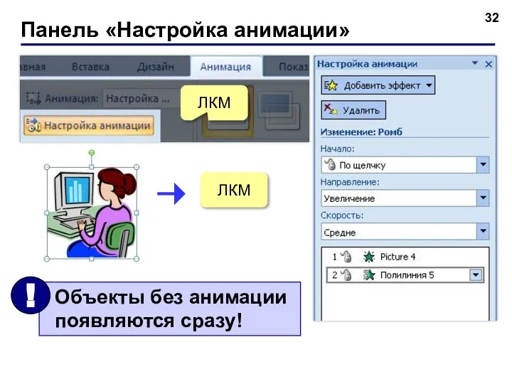 Панель «Настройка анимации» ЛКМ ЛКМ