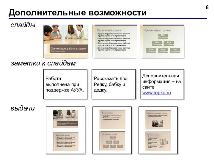 Дополнительные возможности слайды выдачи заметки к слайдам Рассказать про Репку, бабку